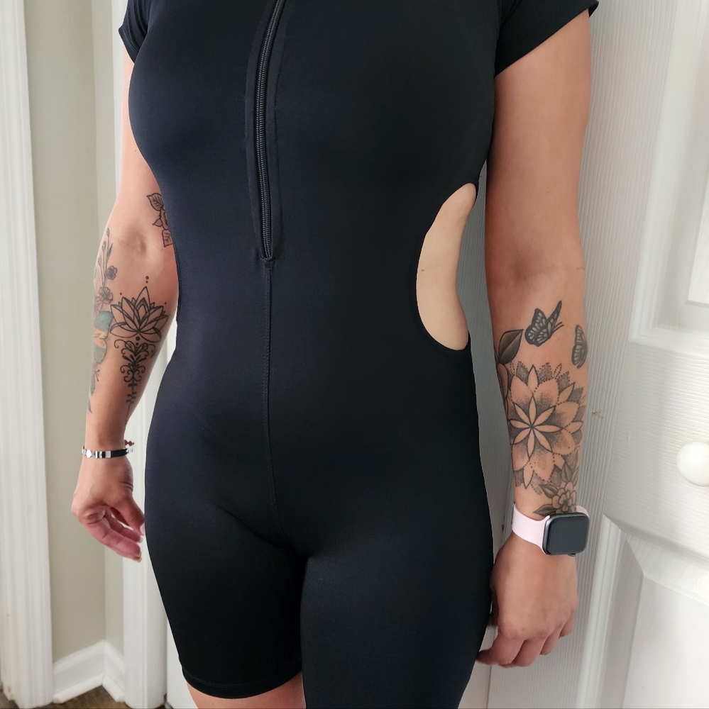 Women's front zipper short sleeve bodysuit jumpsuit